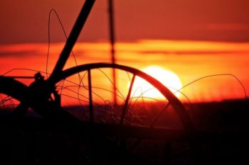 Unused farm equipment silhouetted by the setting sun.