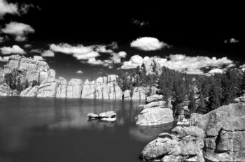 Deep blue skies allow for dramatic black and white photography in the high country, as shown by this photo of Sylvan Lake.