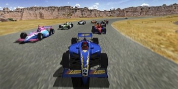 Photographs of the rugged landscape of Badlands National Park make up the backdrop for video game racing in the “Badlands Byway” race track.