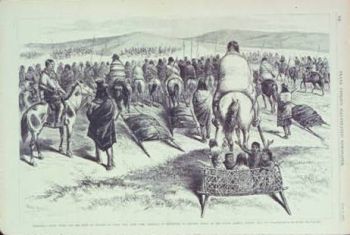 An artist's drawing of Crazy Horse and his Lakota people as they traveled to the reservation in 1877.