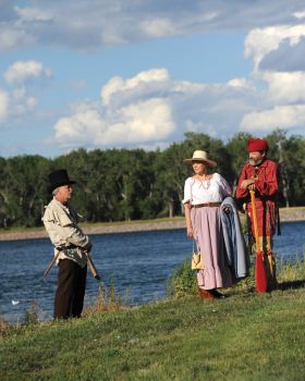 Wagon trains and pageantry will be part of Fort Pierre’s bicentennial celebrations, thanks to local re-enactors like (from left) history writer Bill Markley, Kristi Vensand-Hall and Terry Hall