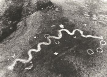 The outline of the stone serpent on Snake Butte was made clearer with a dusting of flour for this photo taken by the South Dakota Archaeological Society.