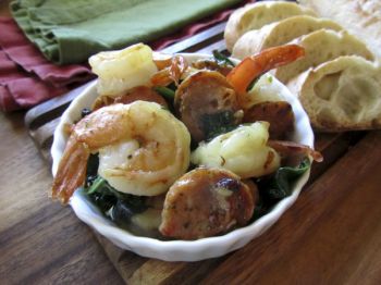 Use Shrimp Scampi and Chicken Sausage with Spinach as a party appetizer or toss it with pasta for a complete meal. Photo by Fran Hill.