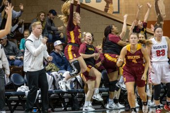 Northern State women’s basketball bench reacting during the NSIC Tournament.