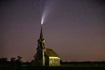 Comet NEOWISE above an abandoned church found in Roberts County just after midnight on July 19.