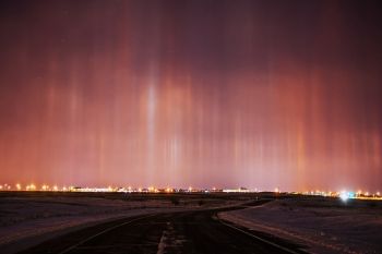 Light pillars above Sioux Falls looking south-southeast from the University Center.