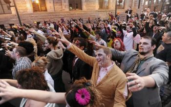 Hundreds of zombies gather outside the federal courthouse on
Phillips Ave in Sioux Falls. Photo by Elisha Page/Argus Leader.