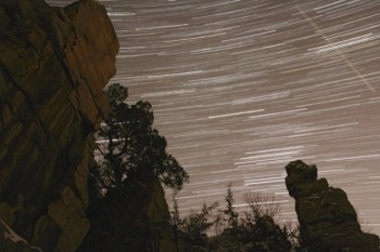 Multiple exposures of Palisades State Park's night sky were layered and adjusted to create this photo. Click to enlarge photos.