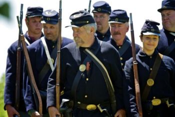 Infantry drill on Fort Sisseton's parade grounds.