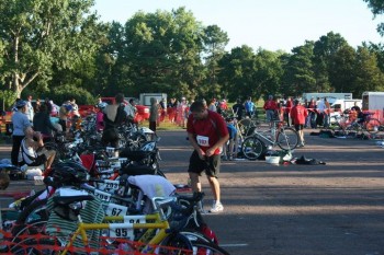 A parking lot serves as transition area between events.