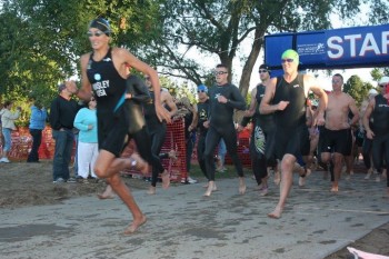 Yankton's Kipp Kinsley leads the pack at the men's start of the swim.