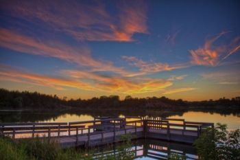 Lake Alvin's dock just after sunset.