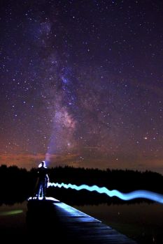 While the Milky Way sparkles above the lake, a Colman lantern and flashlight adds extra zip to Christian and the dock in the foreground on this 25 second exposure.