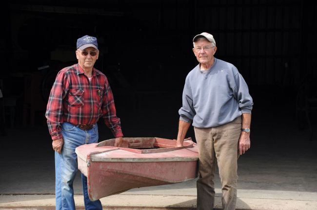 Ed Staudenmier and Dick Kafka of the Charles Mix County Museum in Wagner recently obtained a kayak made by a Fort Randall dam builder of scrap canvas and lumber found at the dam site.