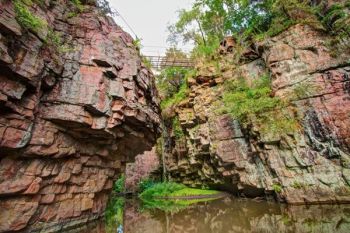 The bottom of Devil’s Gulch, where Jesse James is said to have escaped a posse of armed men. The bridge at the top marks the spot where his horse jumped.