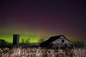 The whole time I was out, on November 11, I only saw one other vehicle on the road and its headlights lit the foreground and barn beautifully for this image.