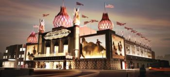 An artist's drawing of the 'new' Corn Palace, with the lighted domes.