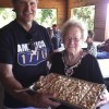 Bernie, Emma Lou and the rhubarb torte at the 2011 Hunhoff picnic.