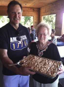 Bernie, Emma Lou and the rhubarb torte at the 2011 Hunhoff picnic.