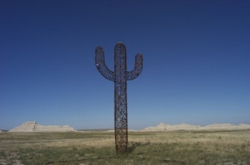 “Desert Steel,” a giant metal cactus by <a href='http://www.incredible-metal.com/' target='_blank'>Incredible Metal</a>, pokes up above the Badlands south of Kadoka on Hwy 73.