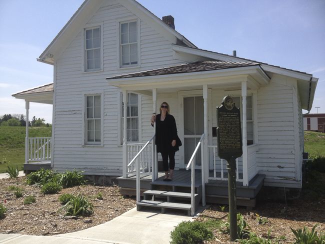 Katie Hunhoff, dropping off our 2015 geocache at the Berdahl-Rolvaag House at Augustana University.