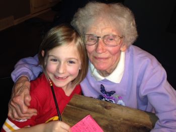 Margaret Hunhoff, with her great-granddaughter Laura — a seven-year-old poet.