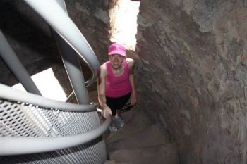 Rebecca Johnson climbs the new spiral staircase to the top. Photo by Jeremy Johnson.