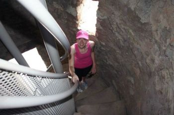 Rebecca Johnson climbs the new spiral staircase to the top. Photo by Jeremy Johnson.