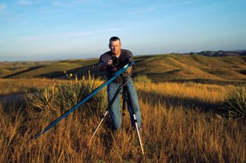 Halverson's set-up includes a camera mounted on a dolly, which allows a small amount of movement between exposures.