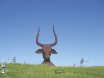 The <a href='http://portersculpturepark.com/' target='_blank'>Porter Sculpture Park's</a> 60-foot tall bull's head can be seen by travelers on I- 90. Photo by Stacey Stoddard of South Dakota Tourism.