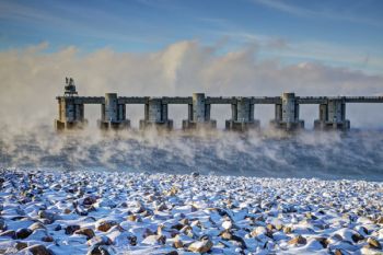 Water vapor hanging in the frigid air around the intakes of the Oahe Dam.