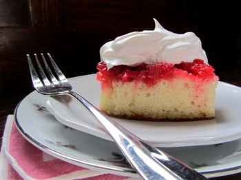 Strawberry Rhubarb Upside-down Cake is a vintage church cookbook treasure. Photo by Fran Hill.