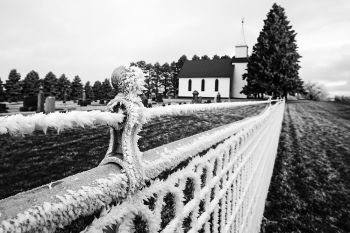 Frost on the cemetery fence outside Trinity Church near Oldham.