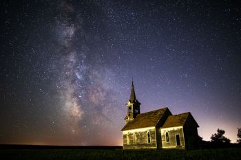 Milky Way over Pioneer Concordia Lutheran of rural Roberts County.
