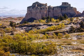 The Castles area of the Slim Buttes near Reva with snow and fall colors.