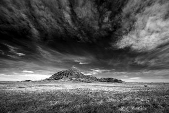 Bear Butte with the digital version of a red filter applied in black and white.