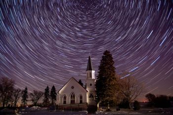 Salem Methodist with star trails, along the South Dakota/Minnesota state line southwest of Pipestone, Minnesota.