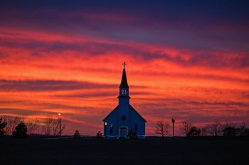 Formerly Clara Lutheran Church adorned with holiday lighting at Joy Ranch, Codington County.