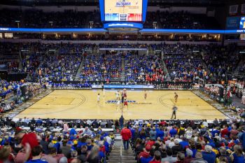 A still from a time lapse of the Denny Sanford Premier Center filling up for the USD vs SDSU Summit League men’s semifinal.