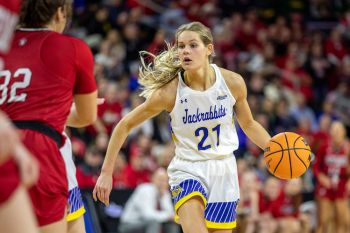 Senior Tylee Irwin for SDSU surveys the court.