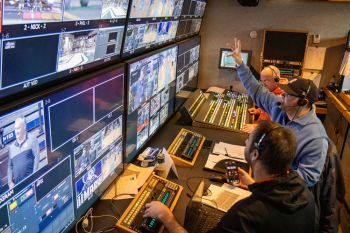 Inside “Ike,” Midco Sports’ top end live trailer during the NSIC Tournament.