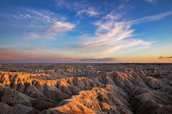 Golden hour light on Badlands National Park.