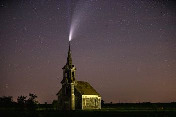 Comet NEOWISE above an abandoned church found in Roberts County just after midnight on July 19.