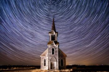 A favorite image from the Prairie Sanctuaries project: 45 minutes of star trails over abandoned Concordia Pioneer Lutheran in Roberts County.