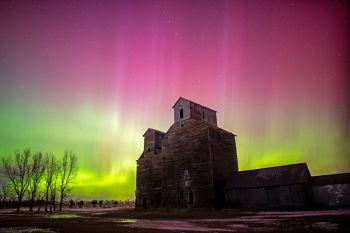 Northern lights over Esmond’s grain elevators.