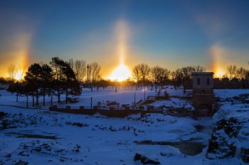 Sunrise sundogs above Falls Park in Sioux Falls.