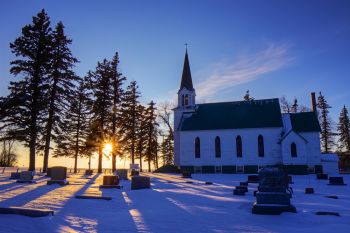 Wood Lake Lutheran Church of rural Deuel County at sunset.