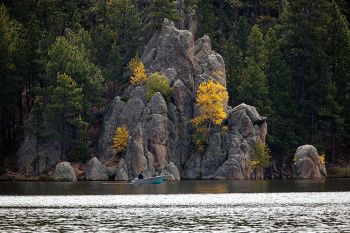 An autumn morning at Center Lake in Custer State Park.