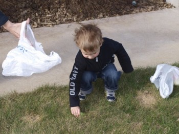 One small hunter catches his first egg of the year.