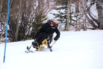 Kari Krumwiede, Watertown, downhill skis at Terry Peak during Black Hills Ski for Light 2013.